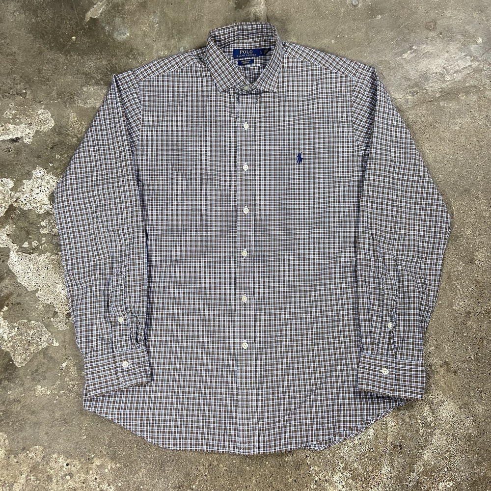 Polo Ralph Lauren Button Down Shirt Size Large Brown Plaid Blue Pony‎ Logo